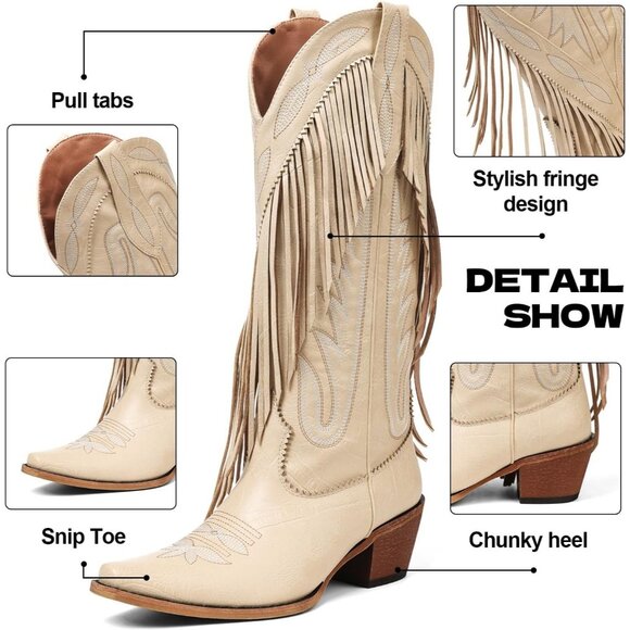 Cowboy Boots for Women Retro Pointed Toe Pull On Block Chunky Heel Embraided - Picture 7 of 8